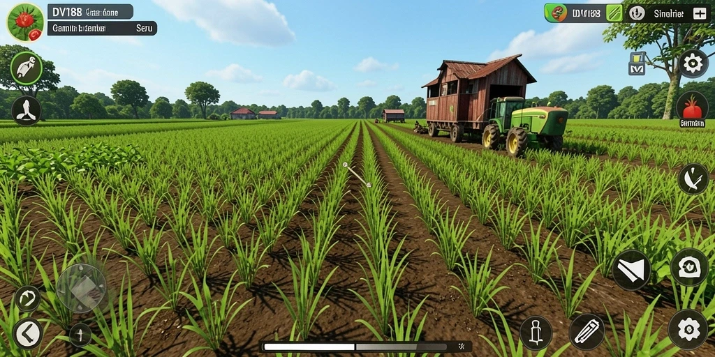 Tampilan gameplay <strong>DV188</strong> yang menampilkan ladang subur dan aktivitas pertanian.