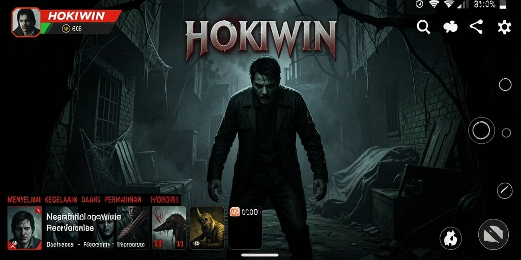 Gameplay HOKIWIN dengan suasana menakutkan dan karakter menyeramkan.
