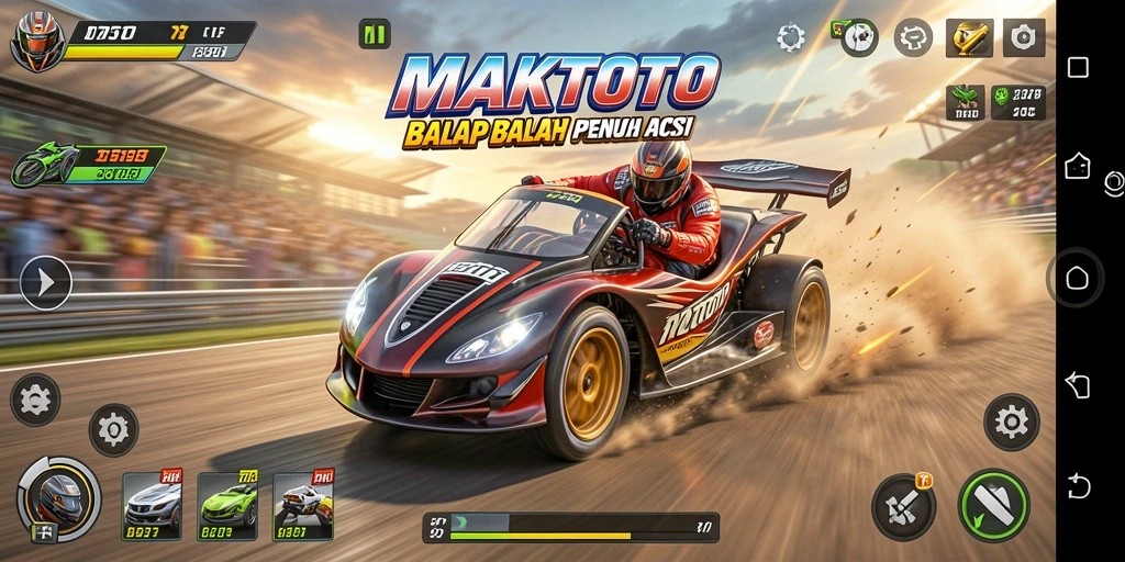 Tampilan gameplay MAKTOTO yang seru saat balapan di lintasan.