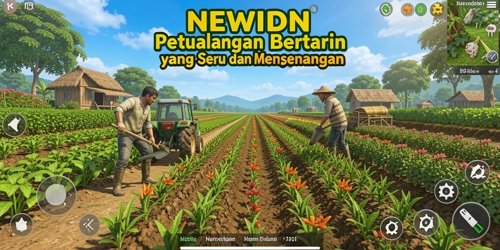 Screenshot permainan NEWIDN menunjukkan ladang hijau yang subur dan aktivitas bertani yang seru.